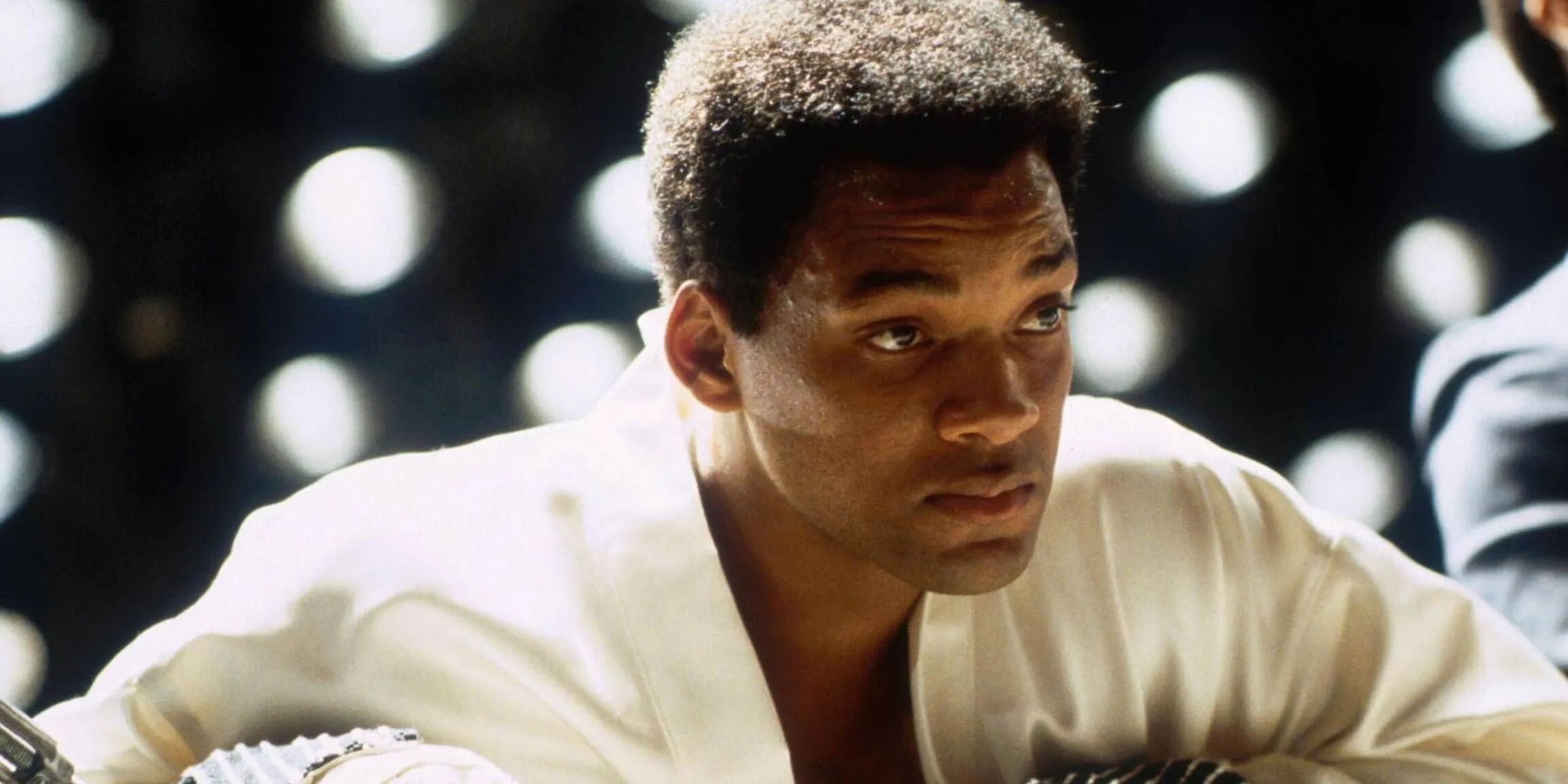 Close up of Muhammad Ali (Will Smith) at a press conference in Ali