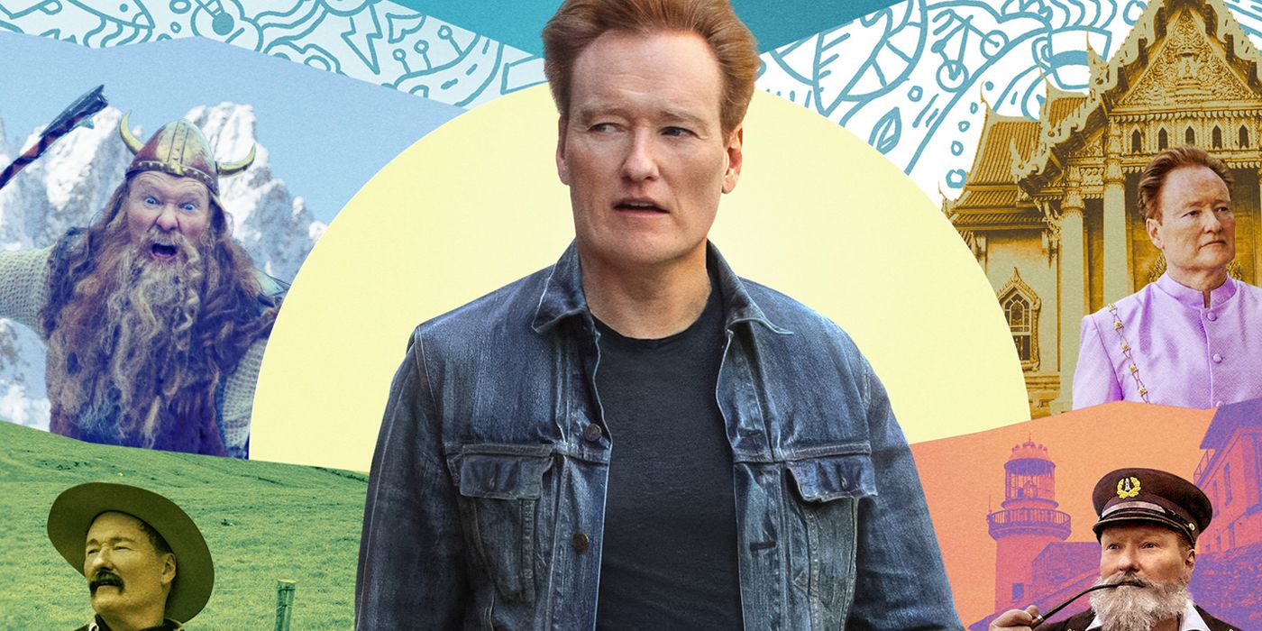 Conan O'Brien wears a jean jacket while surrounded by other images of Conan wearing cultural garbs.