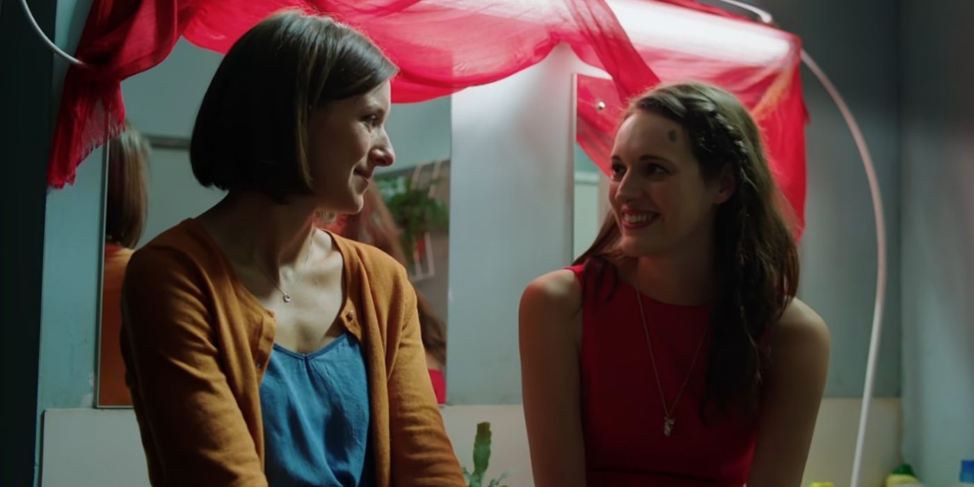 Kate (Louis Ford) having a chat with Lulu (Phoebe Waller-Bridge) in the bathroom in 'Crashing'