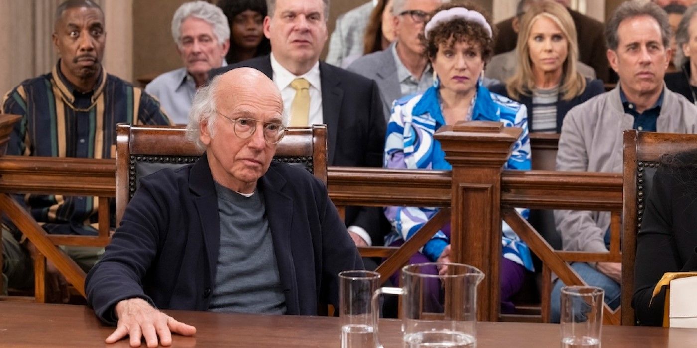 Larry rests his hand on the desk in court for the series finale of &lsquo;Curb Your Enthusiasm&rsquo;.