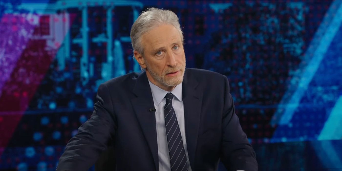 Jon Stewart looking directly into the camera while speaking on an episode of The Daily Show