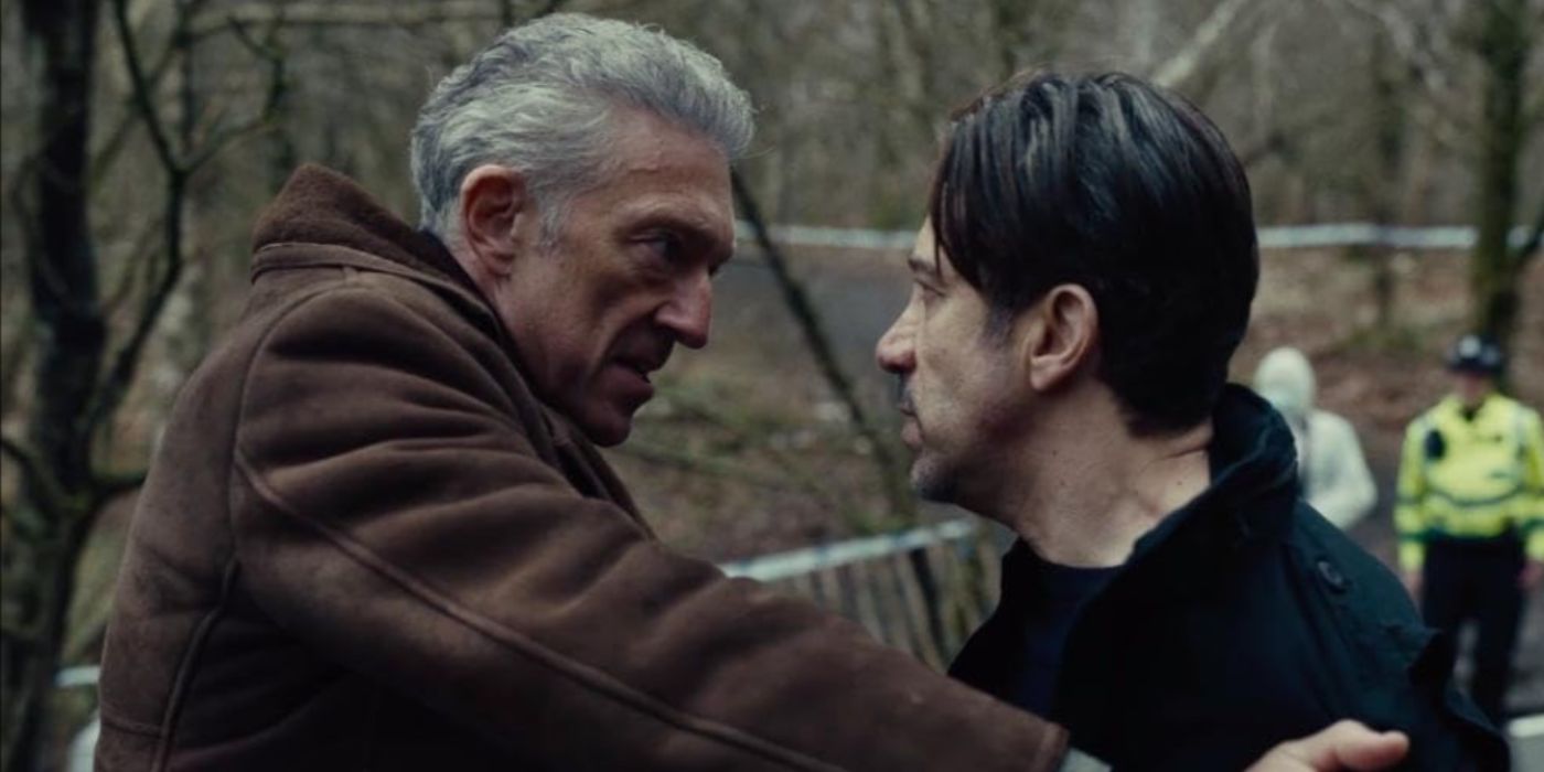Vincent Cassel touching Gianni Capaldi's shoulder in Damaged.
