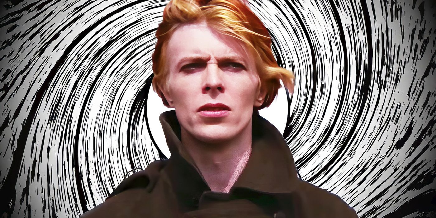 A custom image of David Bowie in front of a black/white swirl background