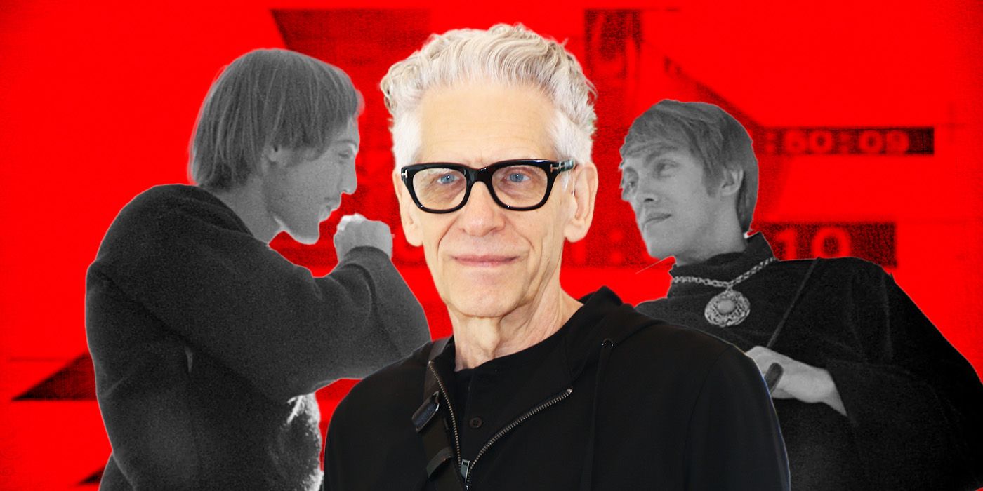A custom image of David Cronenberg with a still from his film Stereo in the background