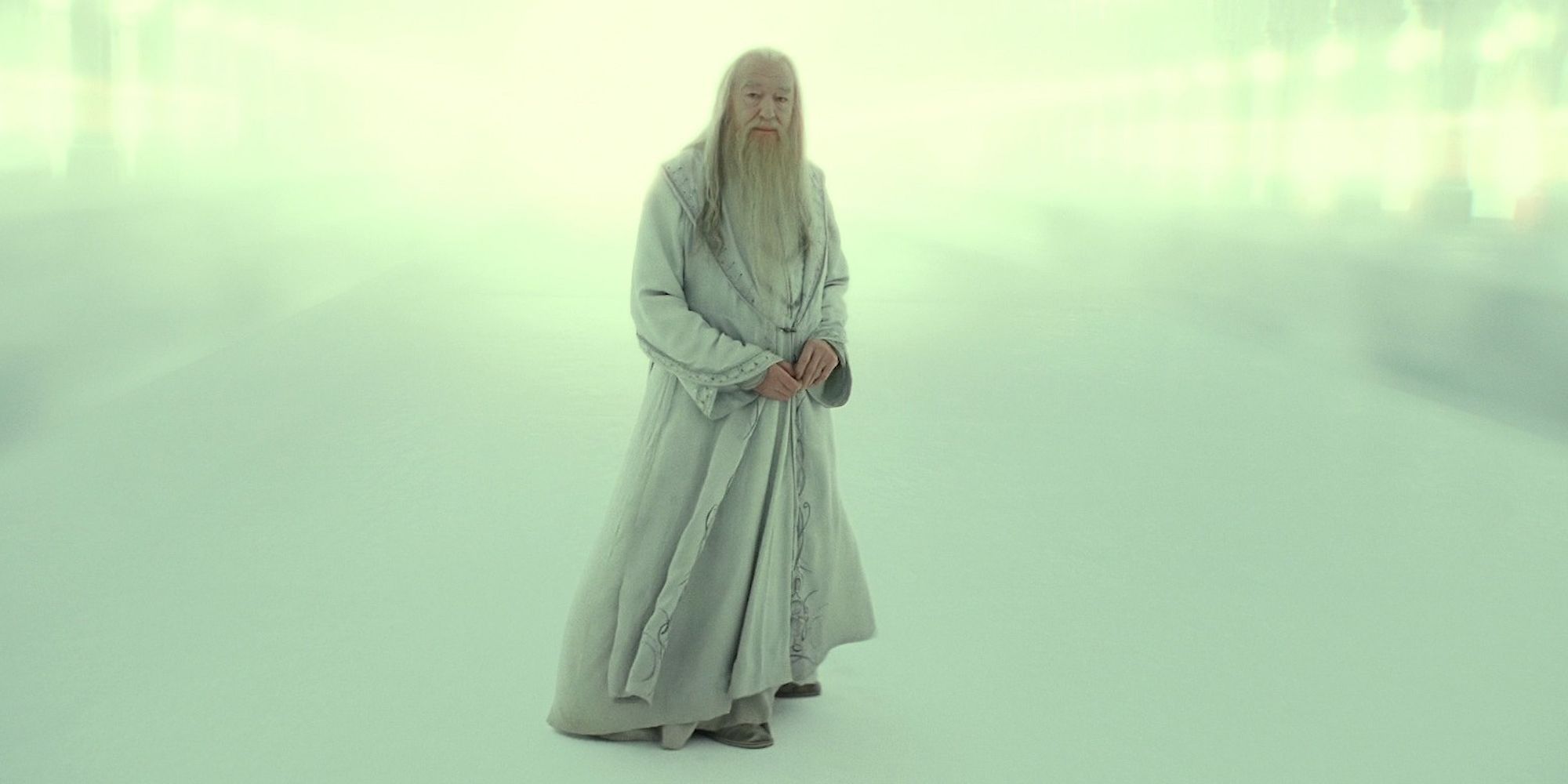 Dumbledore standing surrounding by white mist in Harry Potter and the Deathly Hallows: Part 2