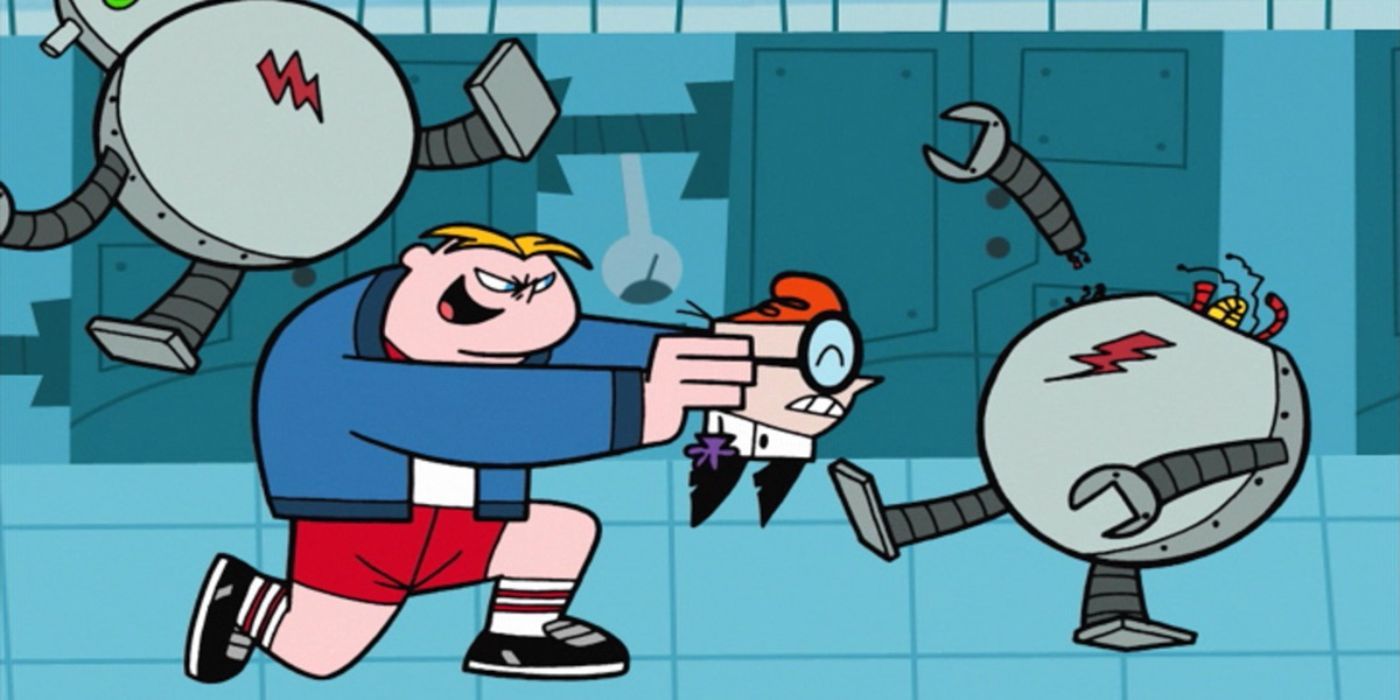 Dexter being used as a football by Doo Dee, a gender bent version of Dee Dee