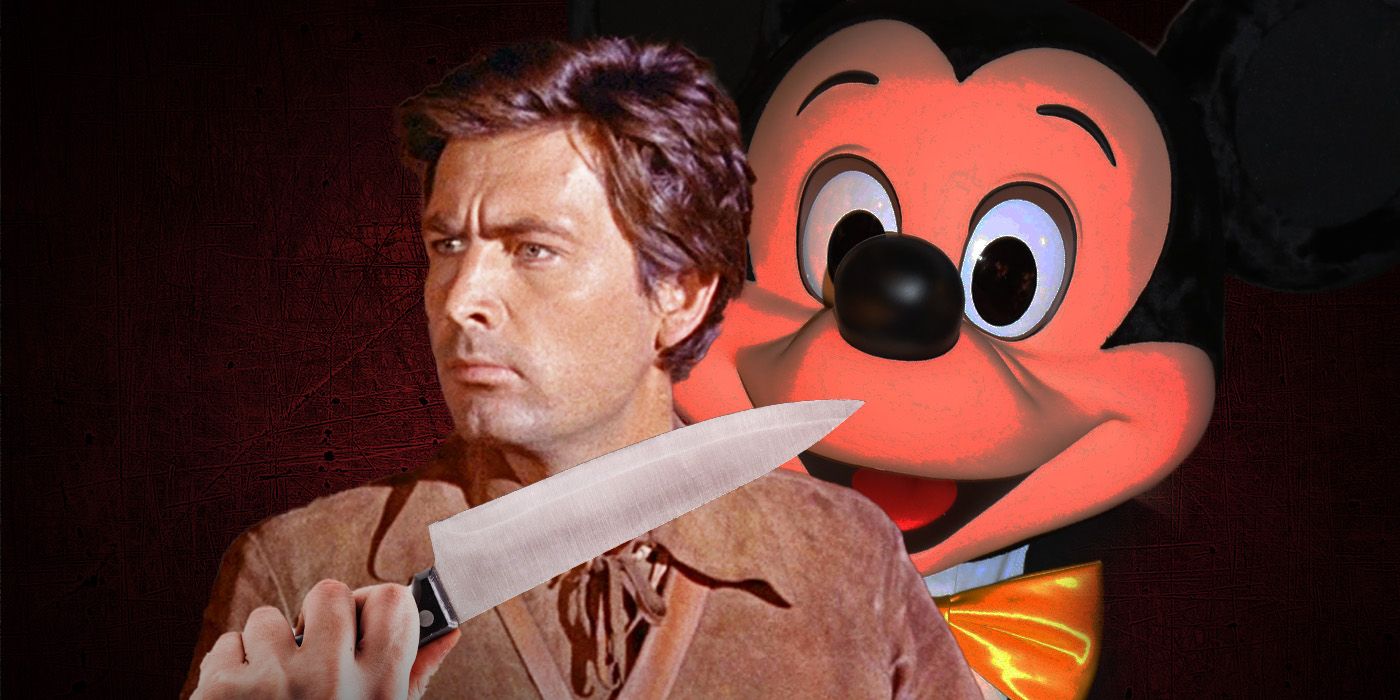 Mickey Mouse looks threateningly over the shoulder of Davy Crockett, a knife in the foreground