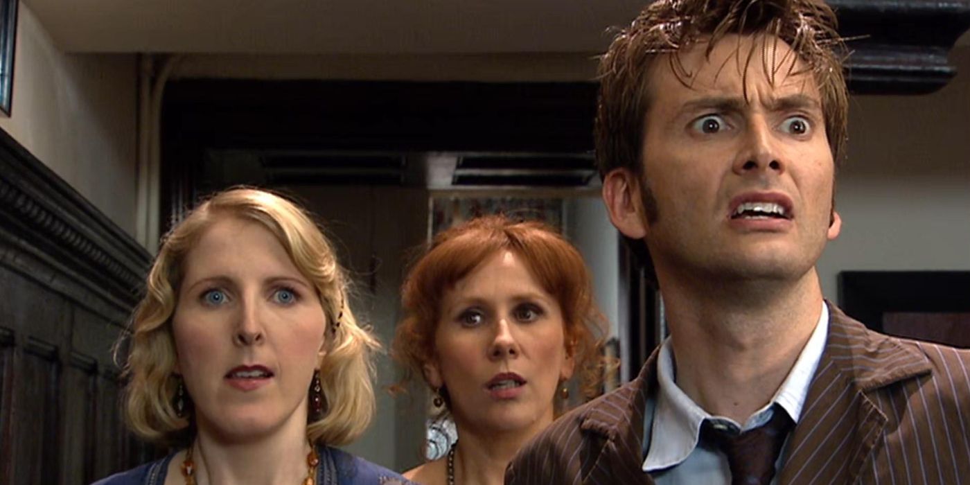 The Doctor (David Tennant), Donna Noble (Catherine Tate), and Agatha Christie (Fenella Woolgar) staring ahead with disgust in Doctor Who