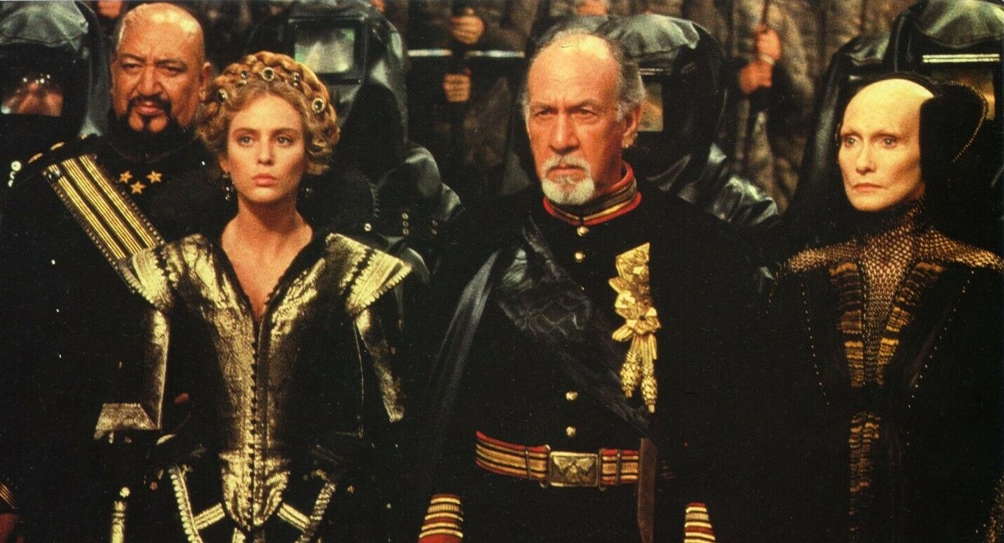 Viginia Madsen as Princess Irulan, José Ferrer as Padisha Emperor Shaddam IV, and Siân Phillips as Reverend Mother Gaius Helen Mohiam in Dune