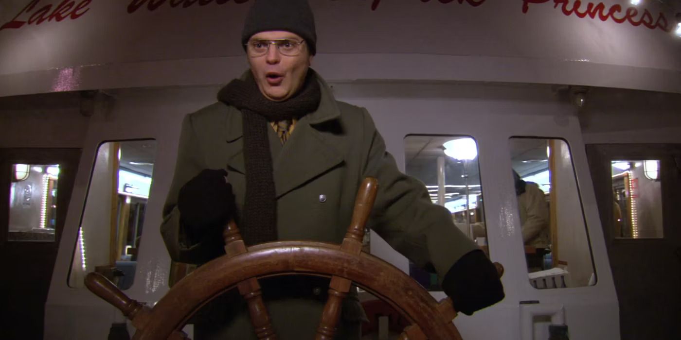 Rainn Wilson as Dwight steering the ship in The Office episode Booze Cruise