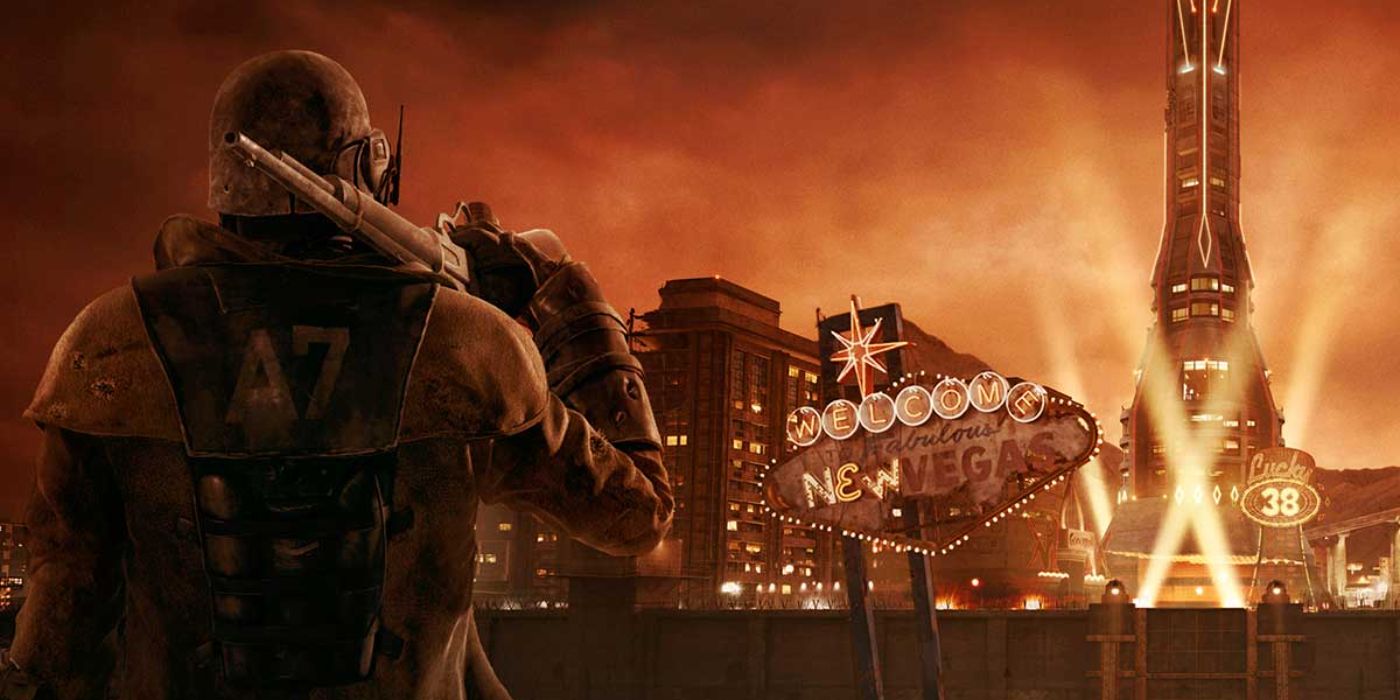 An NCR Ranger standing outside a lit-up New Vegas with a gun over his shoulder