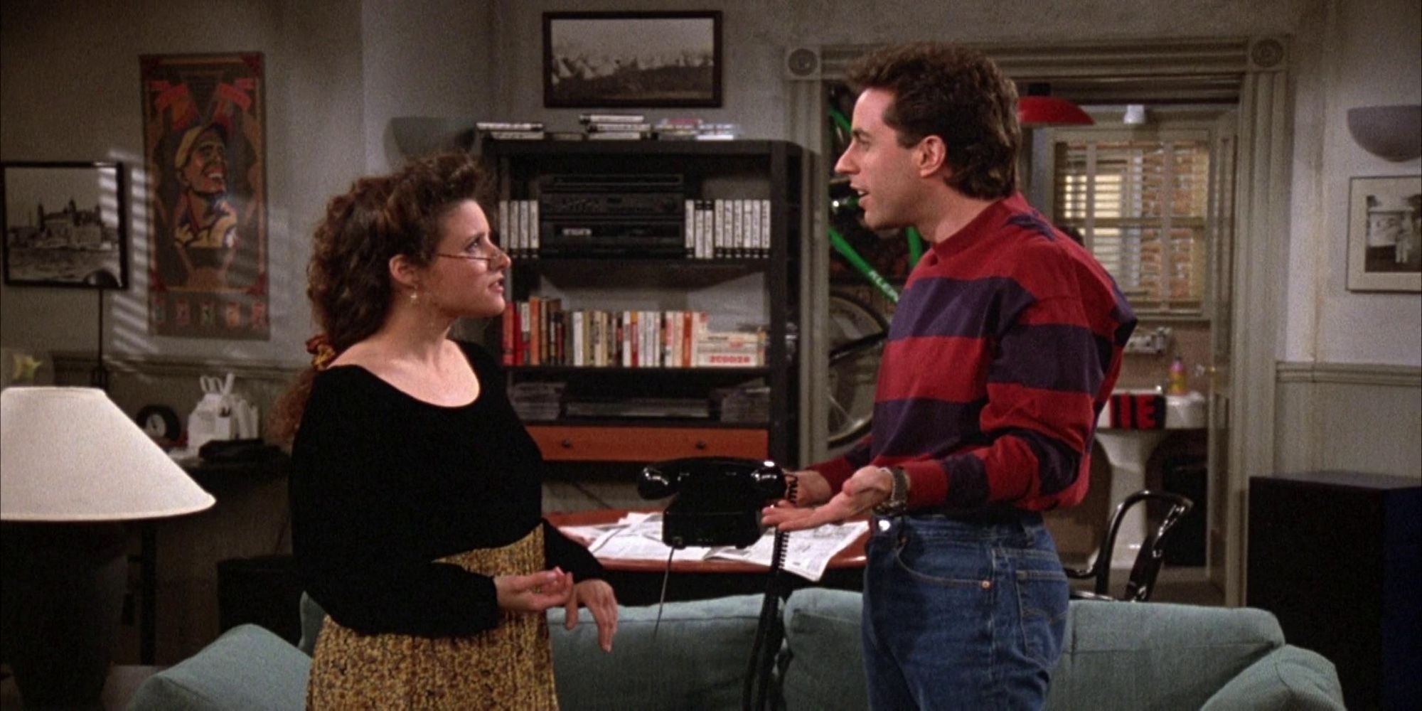 Elaine, played by Julia Louis-Dreyfus, and Jerry, played by Jerry Seinfeld, have a conversation