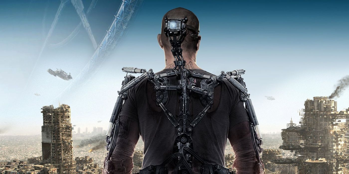 Matt Damon, with his back to the camera and wearing an exosuit, looks out at the city