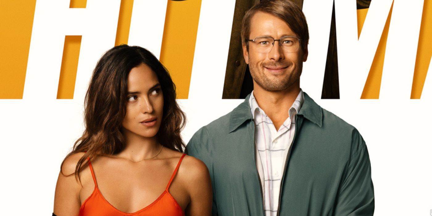 Adria Arjona and Glen Powell posing on the poster for Hit Man.