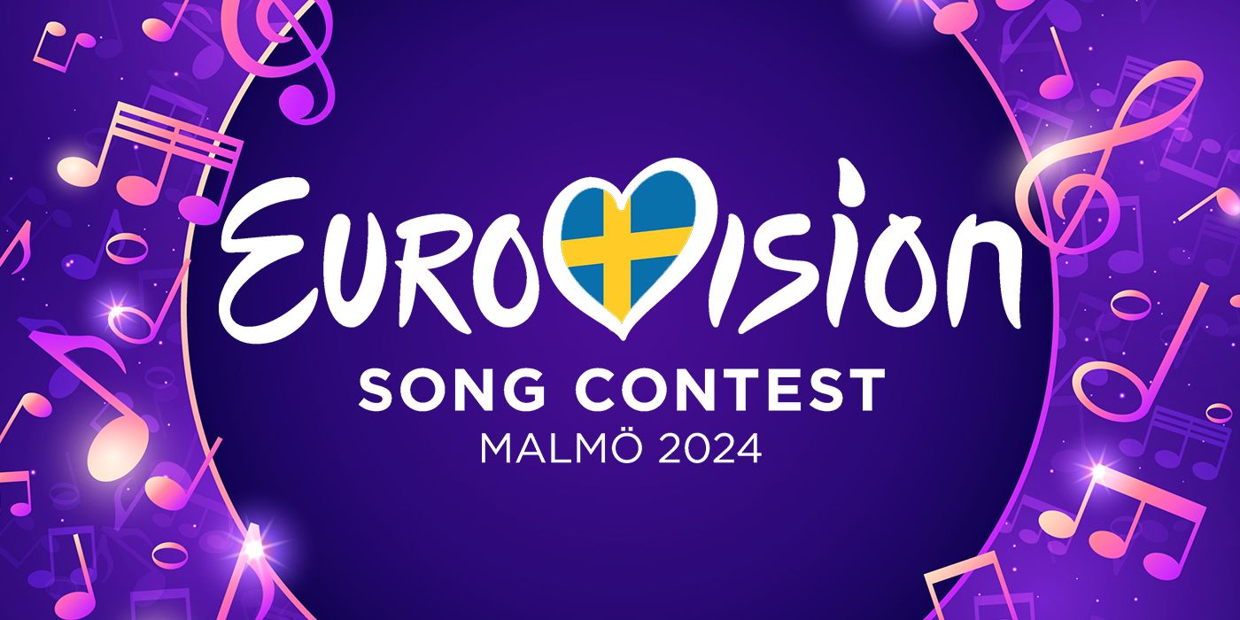 Eurovision Song Contest logo with music notes in the background