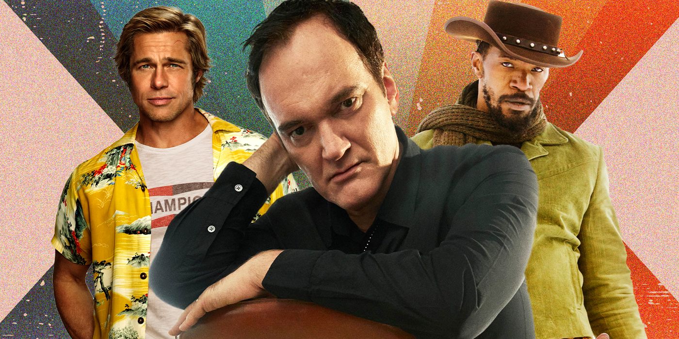Blended image showing Quentin Tarantino with characters from Once Upon a Time in Hollywood and Django Unchained
