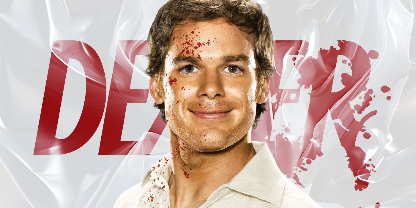 Custom image of Dexter smiling with blood on his face in front of plastic tarp with the title Dexter
