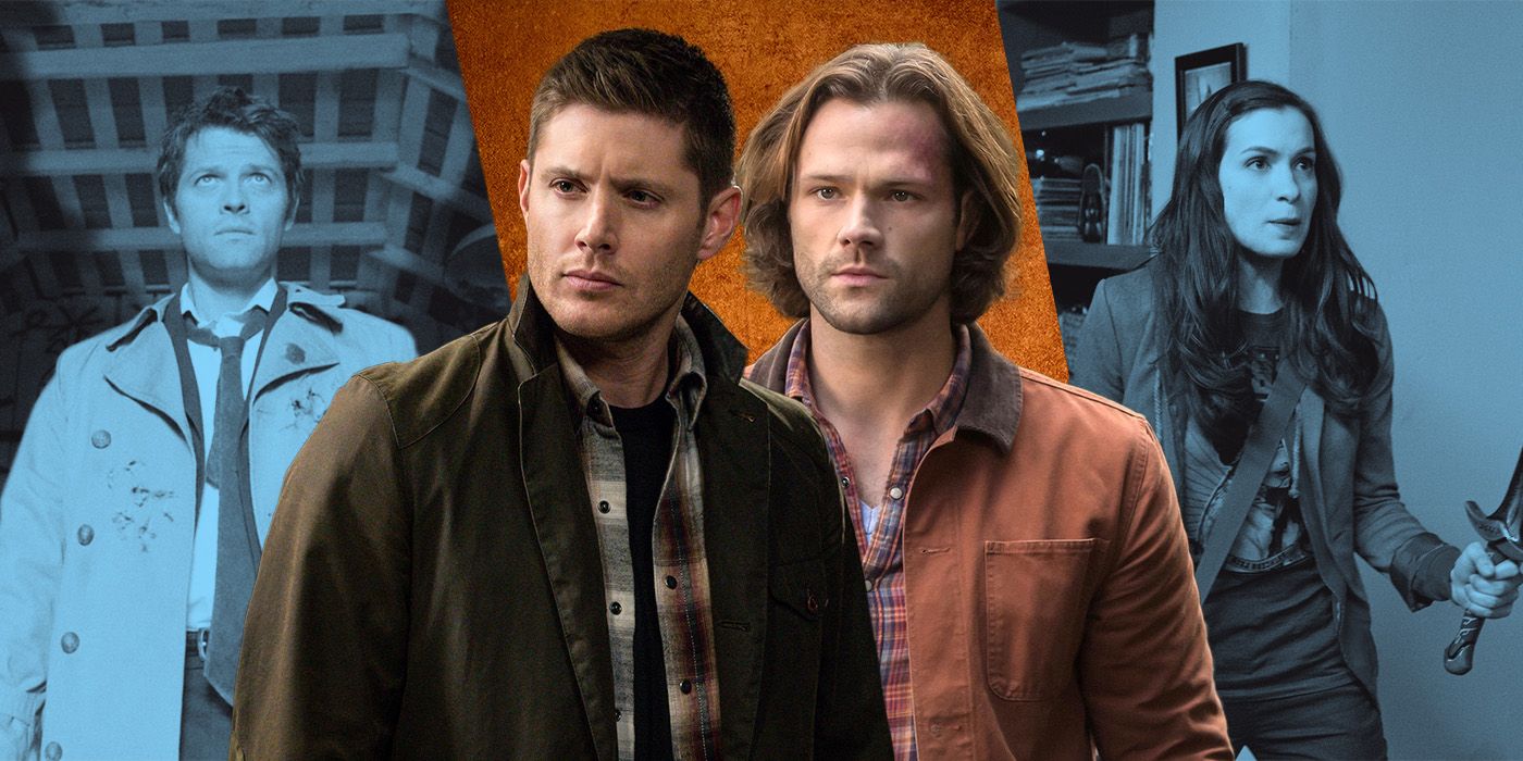 Jared Padalecki and Jensen Ackles of Supernatural, superimposed in front of images of Misha Collins and Felicia Day