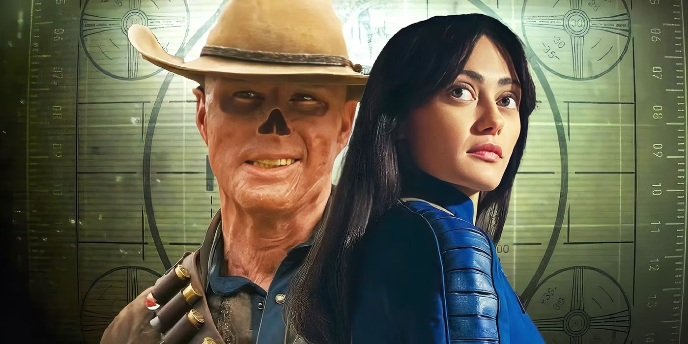 Ella Purnell as Lucy and Walton Goggins as The Ghoul next to each other in a custom image for Fallout