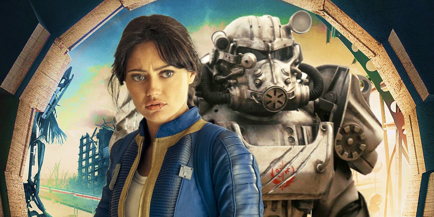 Ella Purnell in Fallout standing and looking confused with a man from the Brotherhood in power armor man behind her