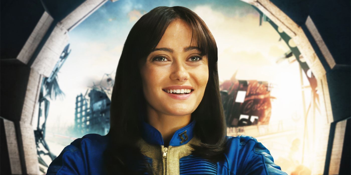 Custom image of Ella Purnell as Lucy smiling widely in Fallout in front of the vault opening.