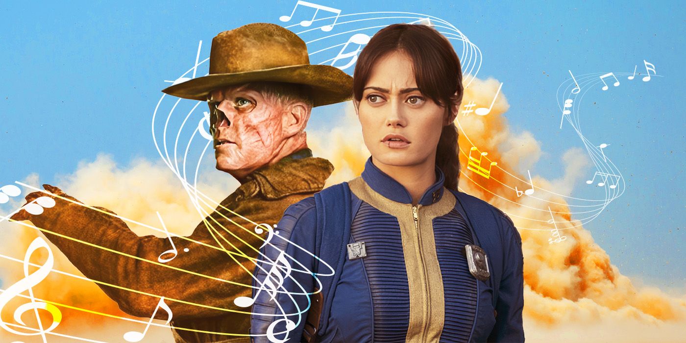 Walton Goggins and Ella Purnell in Fallout surrounded by musical notes