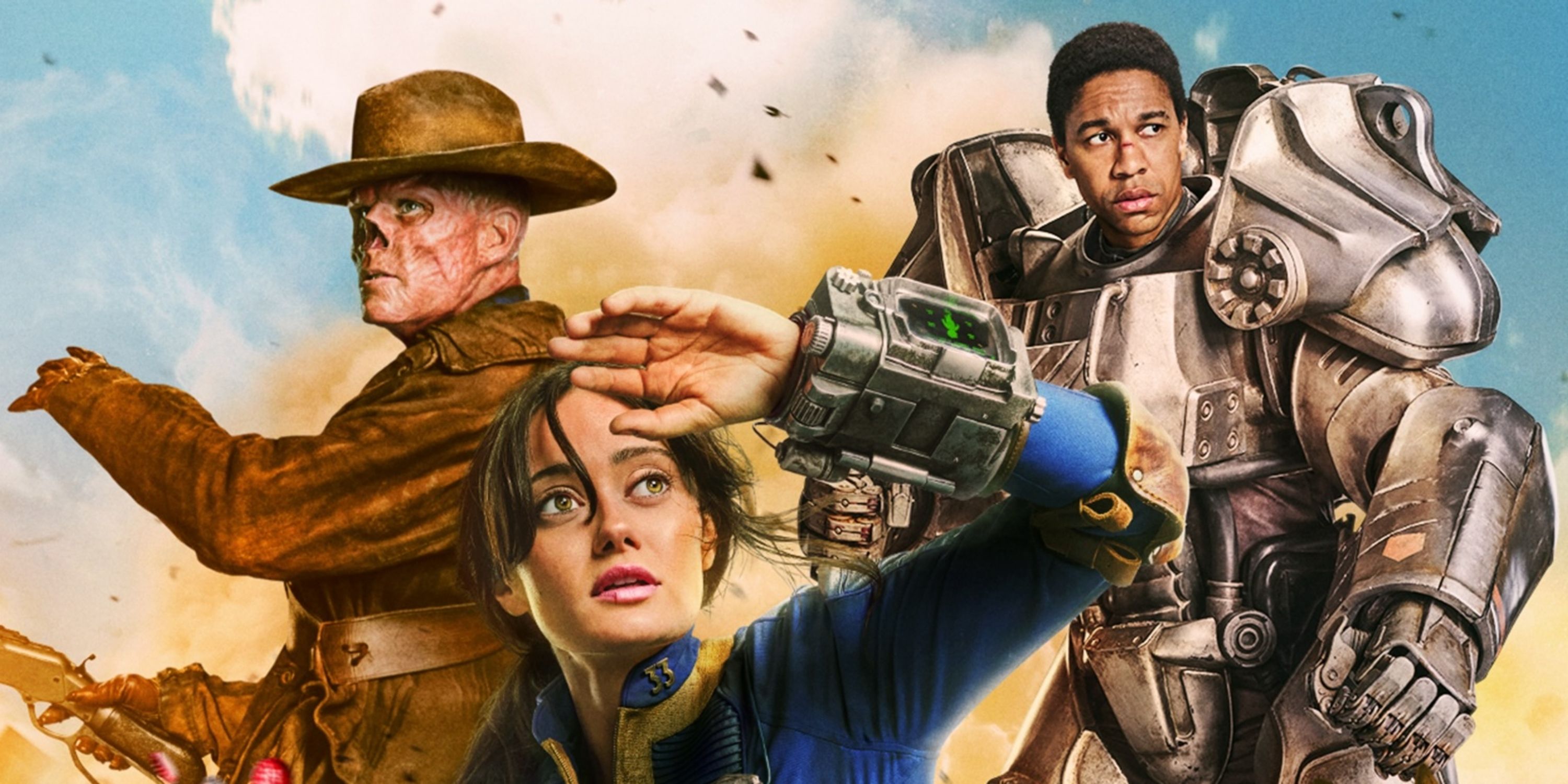 Poster artwork with Walton Goggins as The Goul, Ella Purnell as Lucy, and Aaron Moten as Maximus in Fallout