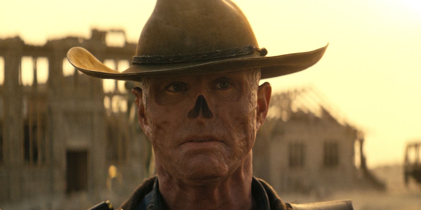 close-up of Walton Goggins as The Ghoul in an abandoned town in Fallout