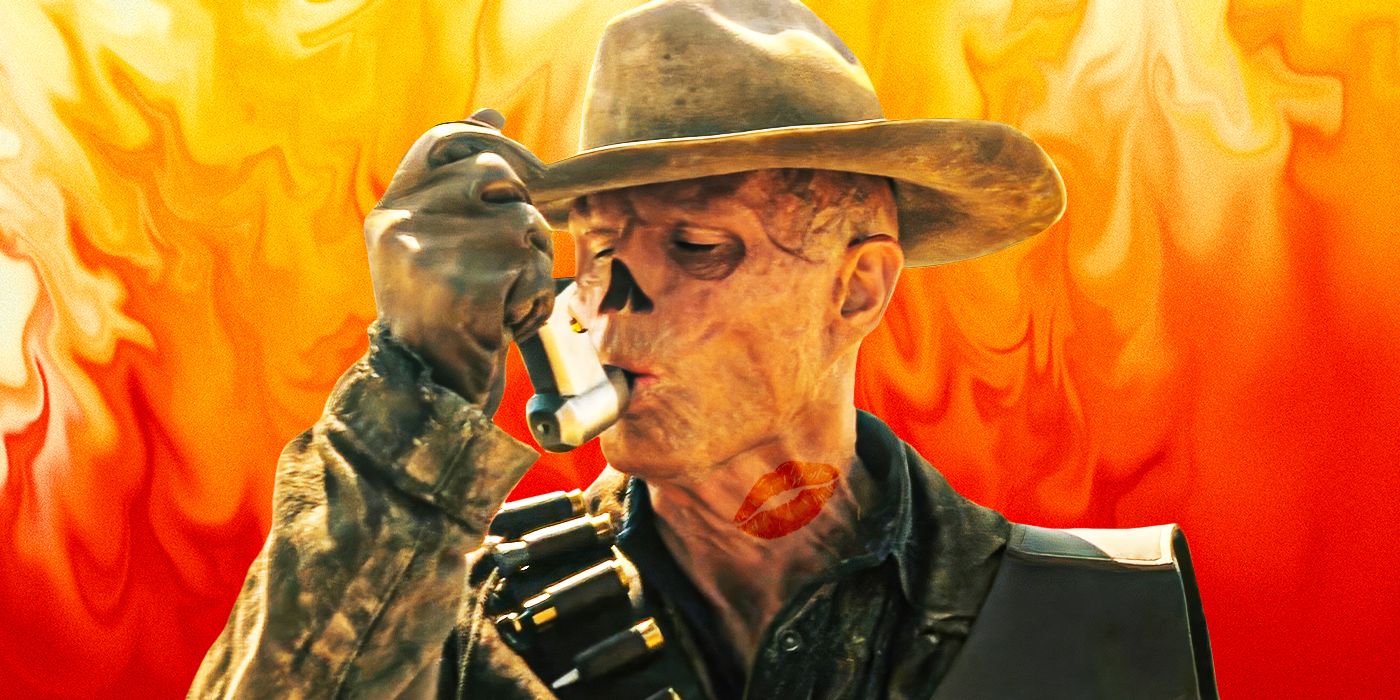 Waltin Goggins as The Ghoul inhaling drugs with flames behind him in Fallout