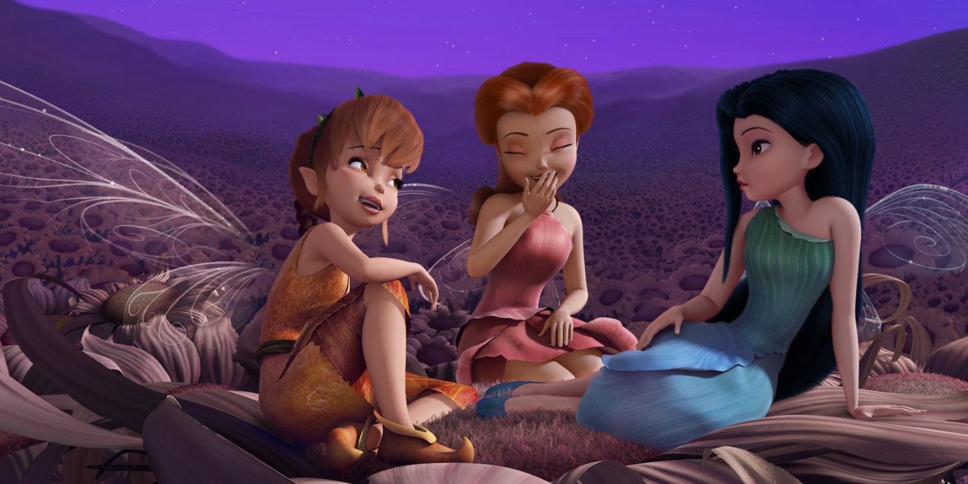 Fawn, Rosetta and Silvermist sitting and laughing in Tinker Bell