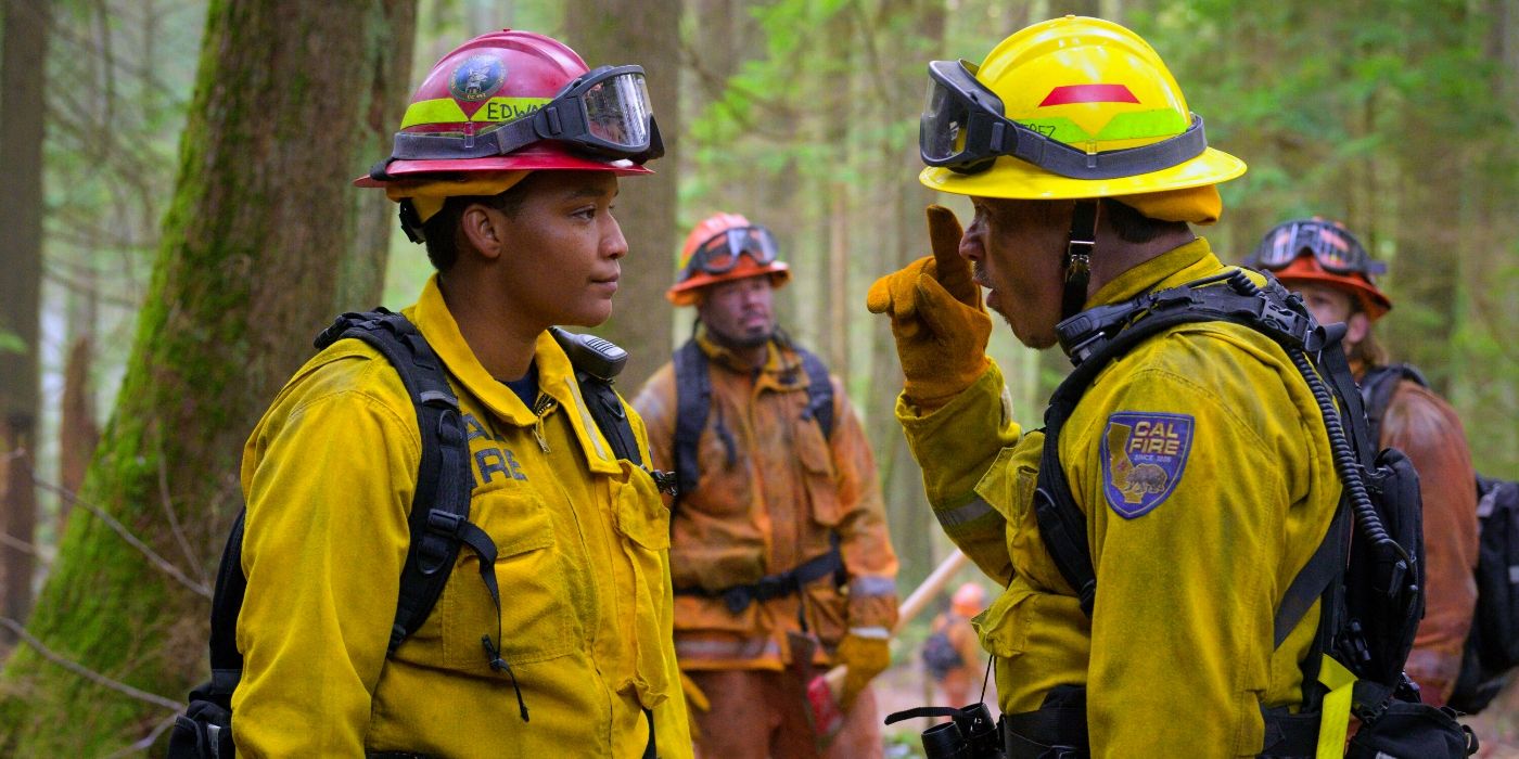 Jules Latimer as Eve Edwards and Kevin Alejandro as Manny Perez yelling at each other in 'Fire Country' Season 2.