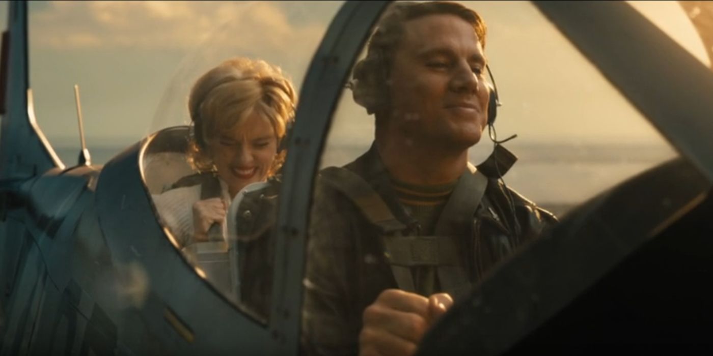 Scarlett Johansson and Channing Tatum fly on a plane together in Fly Me to the Moon.