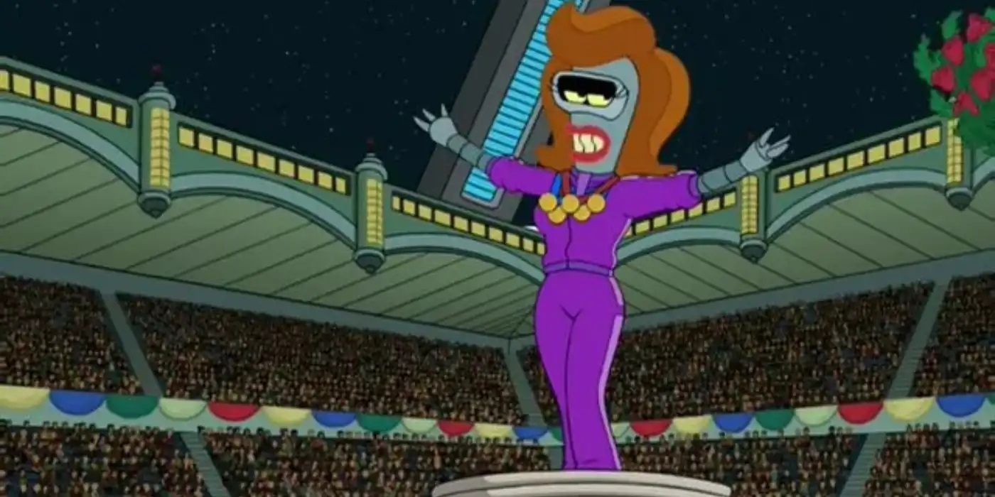 Bender as a female robot, Coilette, having just won five Olympic gold medals