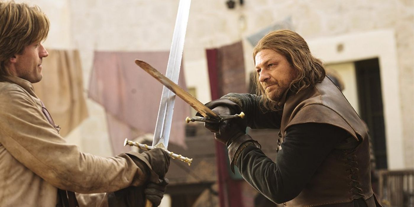 Eddard crosses swords with Jaime in the streets of King's Landing.