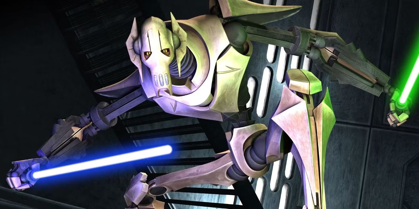 General Grievous (Matthew Wood) with two lightsabers raised in Star Wars: The Clone Wars