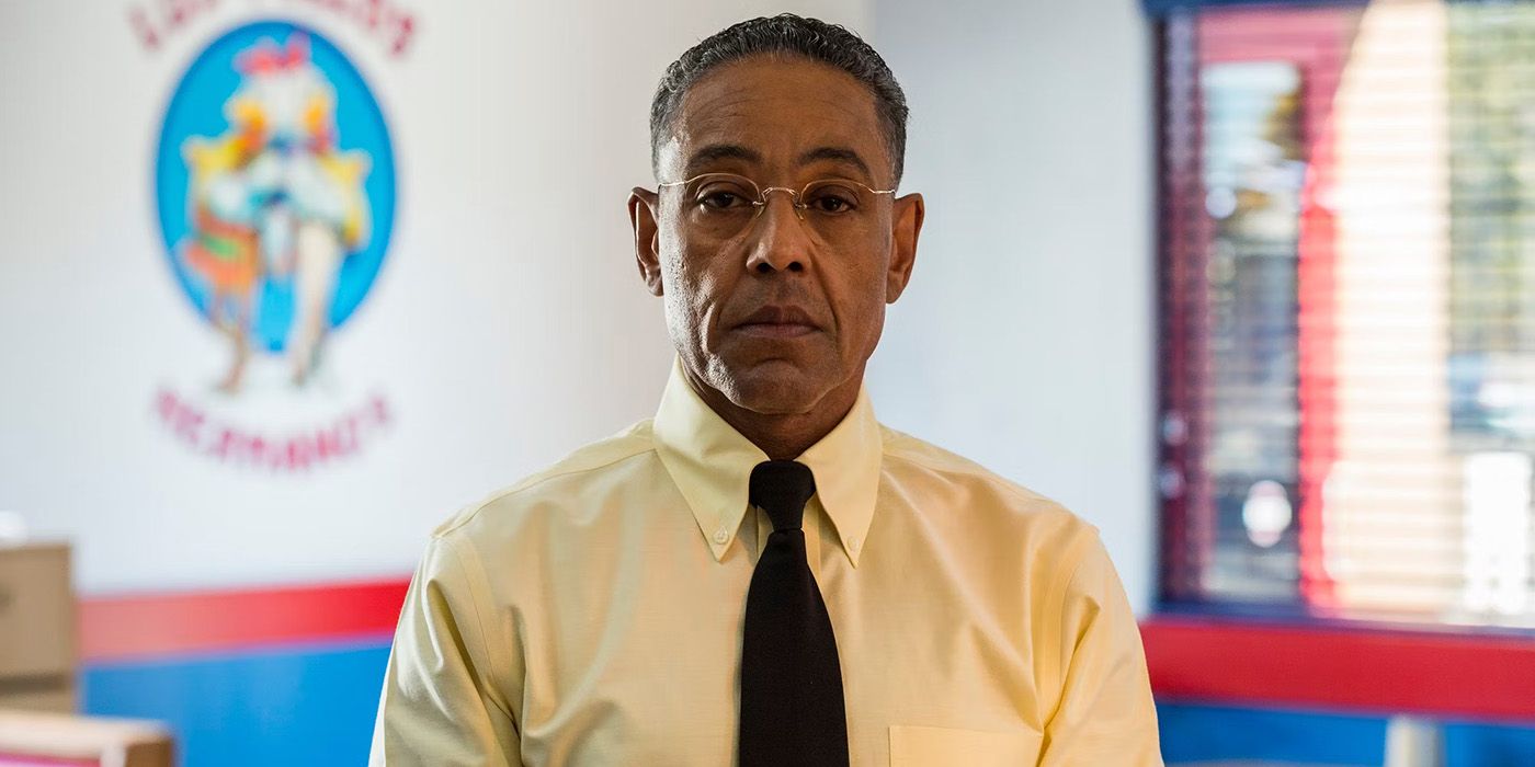 Giancarlo Esposito in a yellow shirt as Gus Fring in the chicken restaurant in Breaking Bad