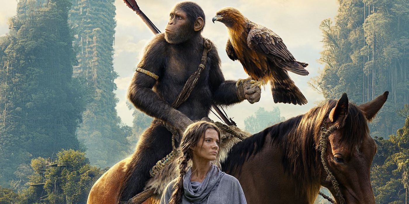 Noa on horseback and Mae next to him on the poster for Kingdom of the Planet of the Apes.