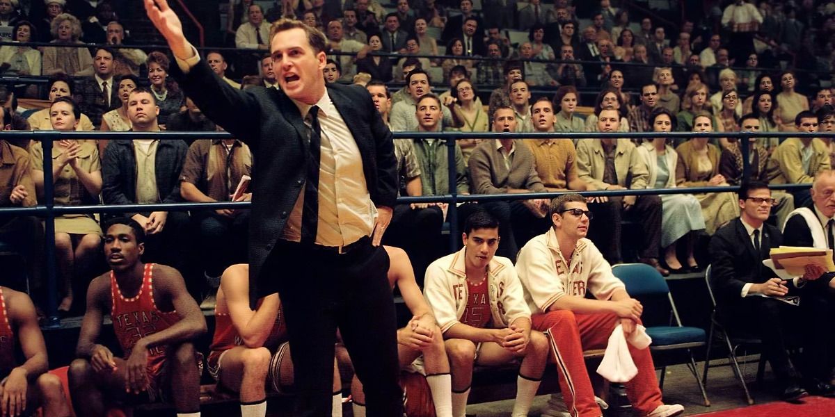 A still from Glory Road featuring Josh Lucas as Don Haskins, yelling on the sidelines of a Basketball game.