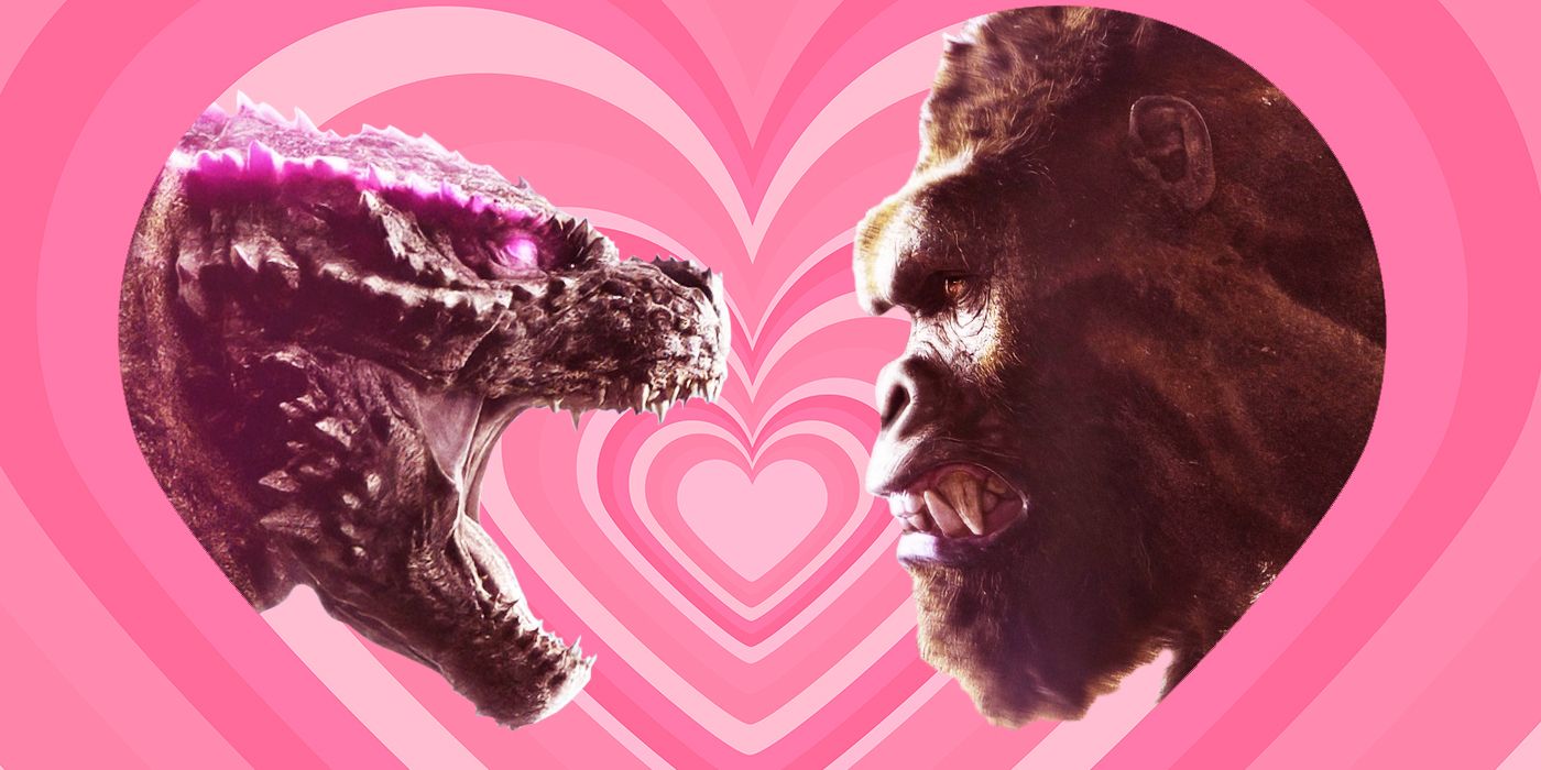 Godzilla and Kong with a pink heart filled background