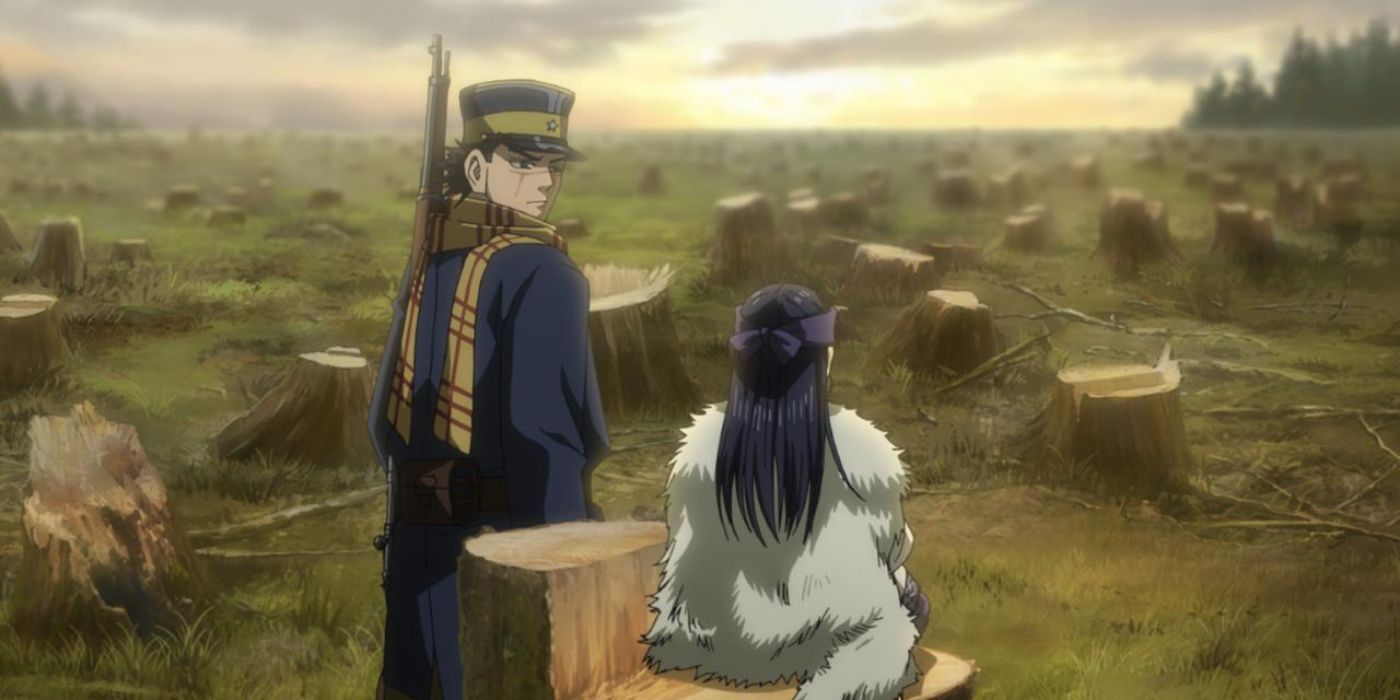 Two soldiers in a forest with chopped trees in Golden Kamuy - 3