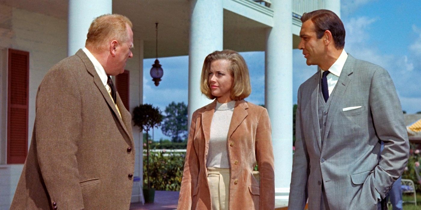 Honor Blackman, Sean Connery, and Gert Fröbe in Goldfinger.