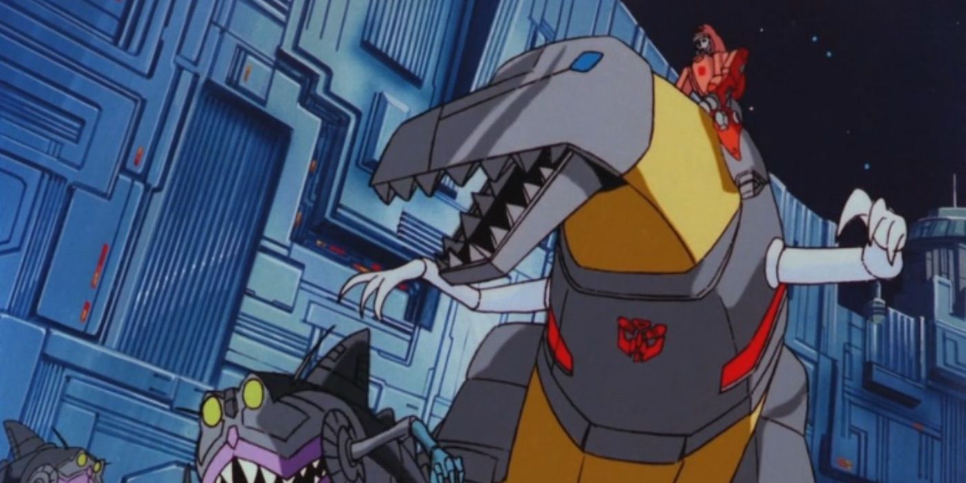 The robot Grimlock with a smaller robot on its back in G1 Transformers-1