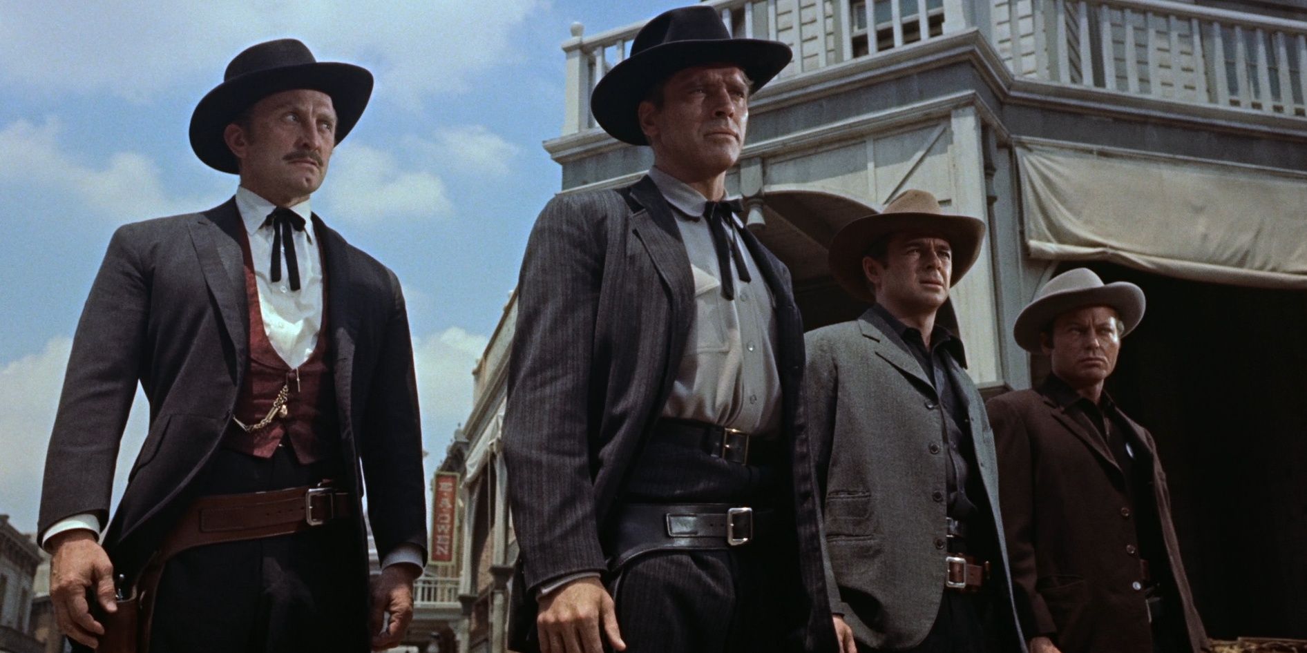 Gunfight at the O.K. Corral Kirk Douglas as Doc Holliday and Burt Lancaster as Whyatt Earp with his two brothers Virgil and Morgan