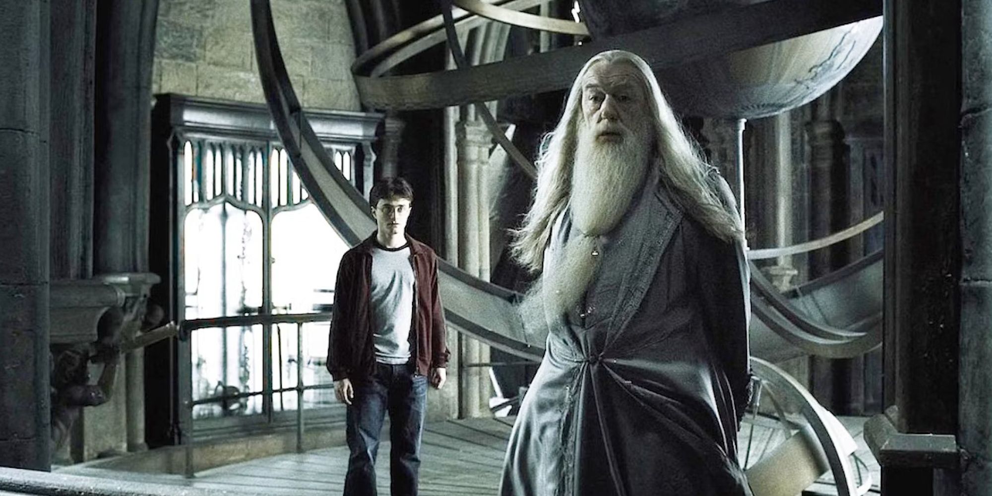 Harry and Dumbledore in the Astronomy Tower in Harry Potter and the Half-Blood Prince Dumbledore