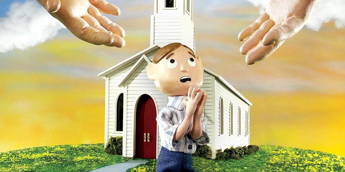 Hands from heaven reaching down from heaven to an animated guy in 'Moral Orel'