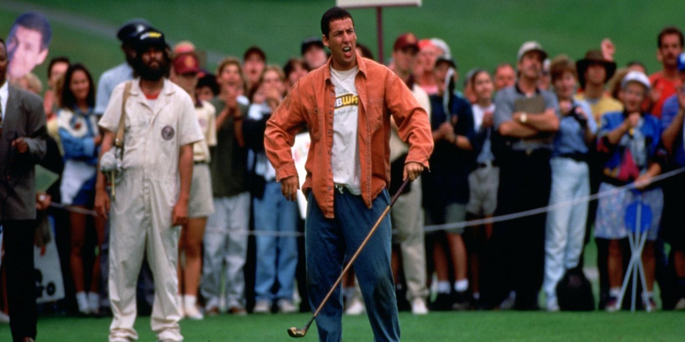 Adam Sandler in Happy Gilmore screaming at the ball while fans look on.