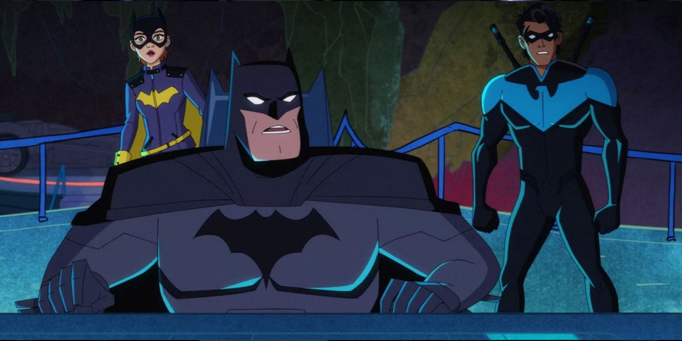 Batman, Batgirl, and Nightwing looking shocked in the Bat-Cave in 'Harley Quinn'