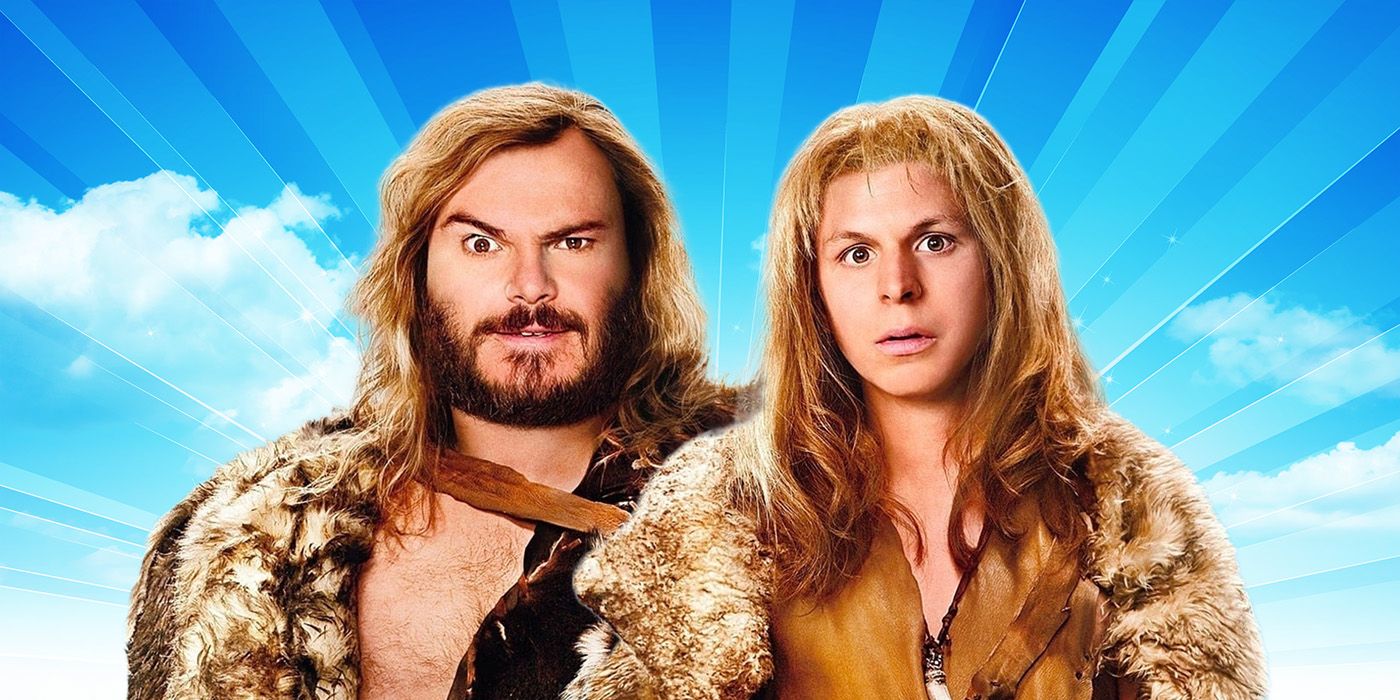 Jack Black and Michael Cera from Year One in front of clouds