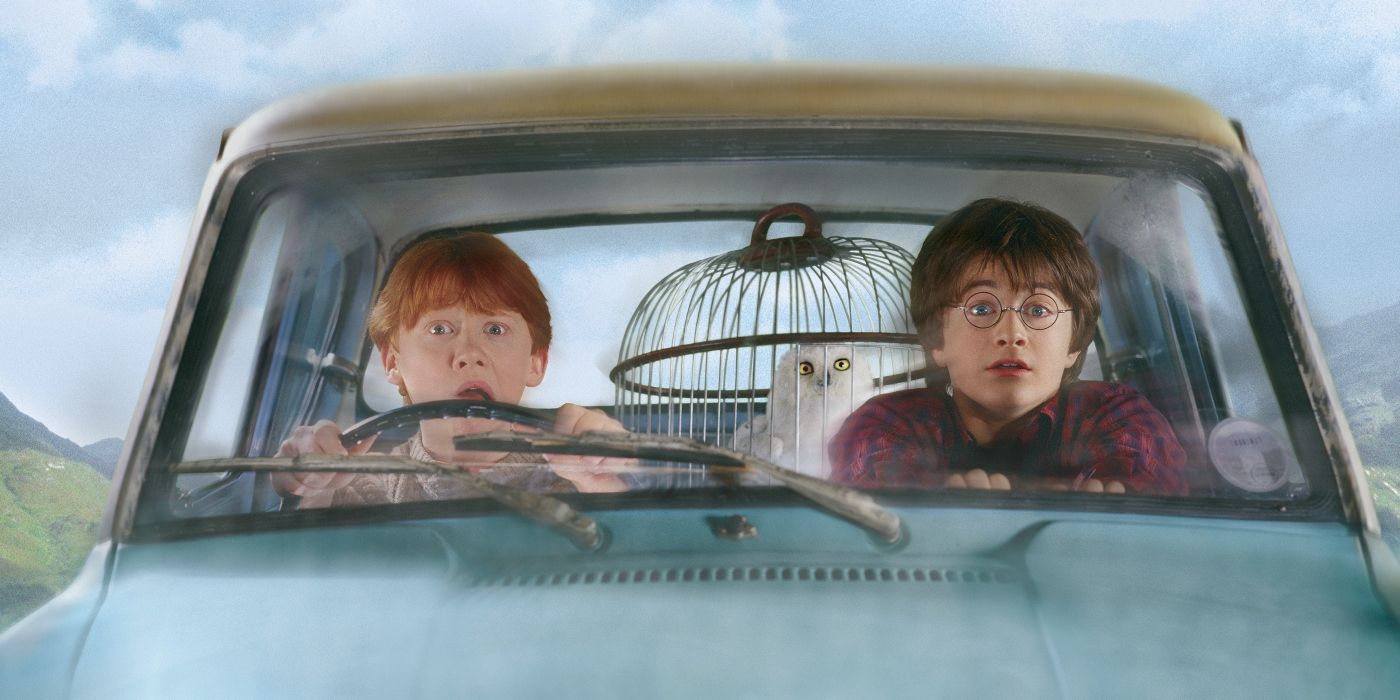 Harry Potter (Daniel Radcliffe) and Ron Weasley (Rupert Grint) looking terrified while flying the car in Harry Potter and the Chamber of Secrets