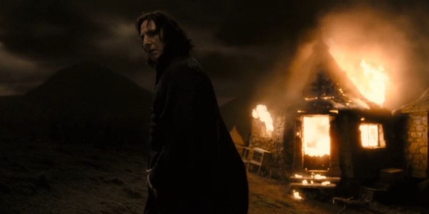 Alan Rickman as Professor Snape in front of Hagrid&rsquo;s burning hut in &lsquo;Harry Potter and the Half-Blood Prince&rsquo;